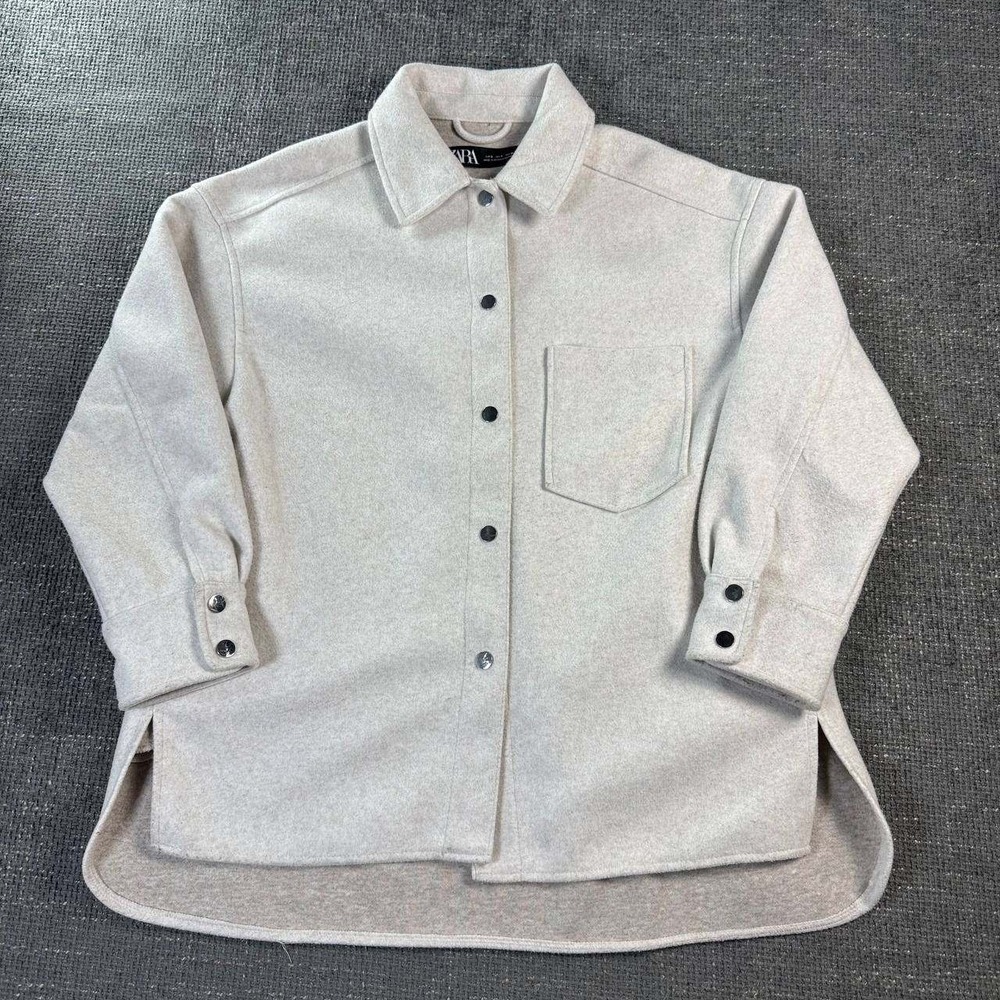 Zara Shirt Jacket Womens Small Oatmeal Heather Snap Front Oversized Shacket